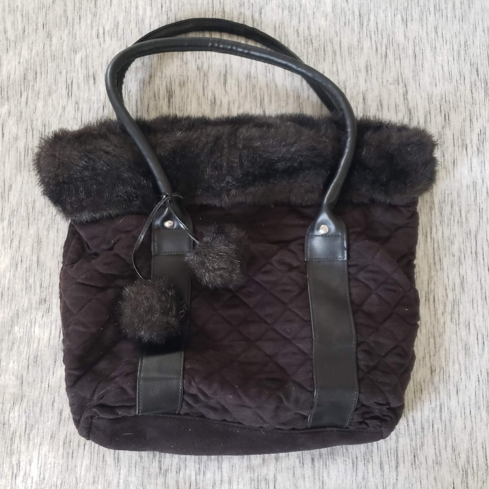 Black Quilted Tote Bag Fur Trim Pom Poms Winter